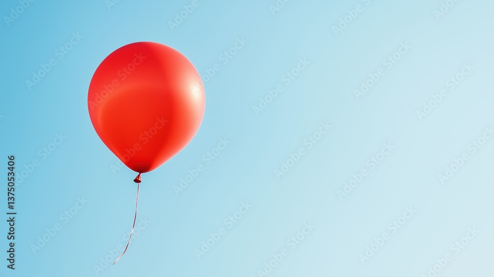 Poster photograph of a single red balloon floating in a light blue sky. the balloon is in the center of the
