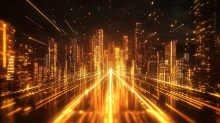Golden Futuristic Cityscape with Glowing Investment Road
