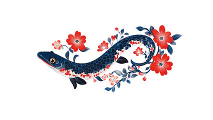 Obraz premium Elegant Koi Fish with Red Blossoms - Japanese Inspired Art