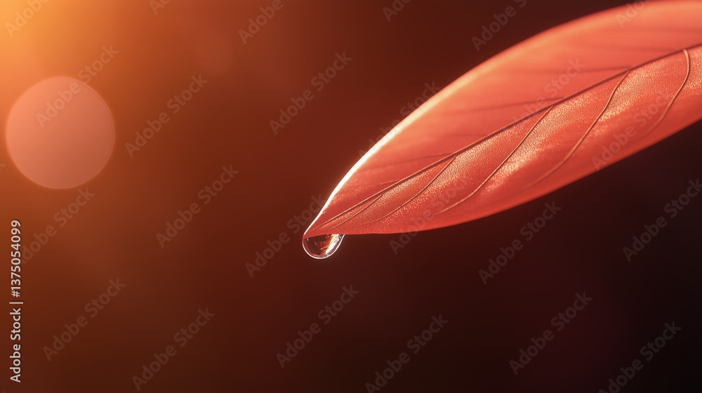 Poster close-up of a single drop of water on a red feather. the feather is elongated and has a pointed tip.