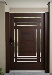 Fototapeta premium Modern dark wood gate warm light elegant design. AI Generated
