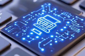 Glowing laptop icon on a computer keyboard key, representing digital technology and innovation . AI generative