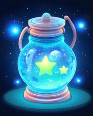 Glowing jar with stars and planets inside, on a dark background . AI generative