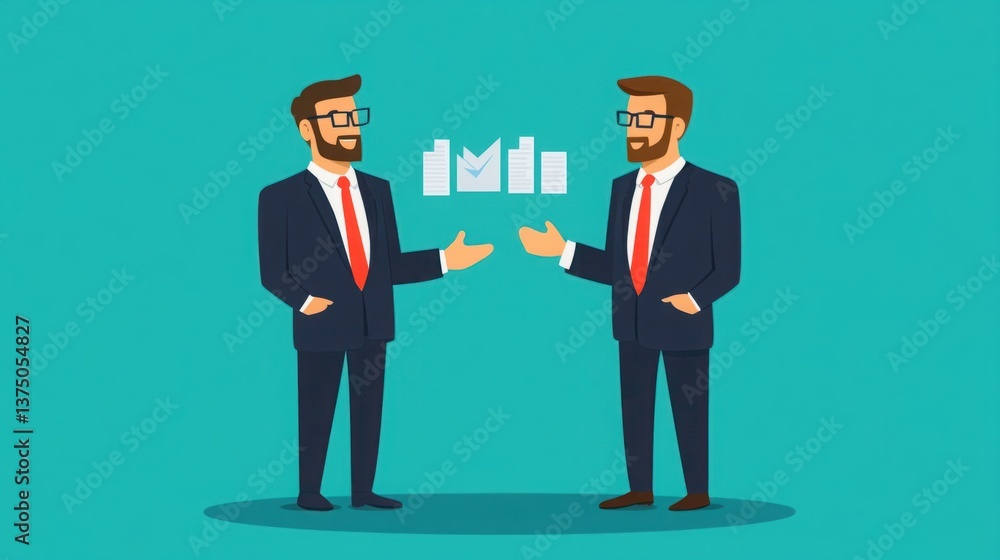 Poster two businessmen discussing financial growth strategies with graphs and data visualizations in a mode