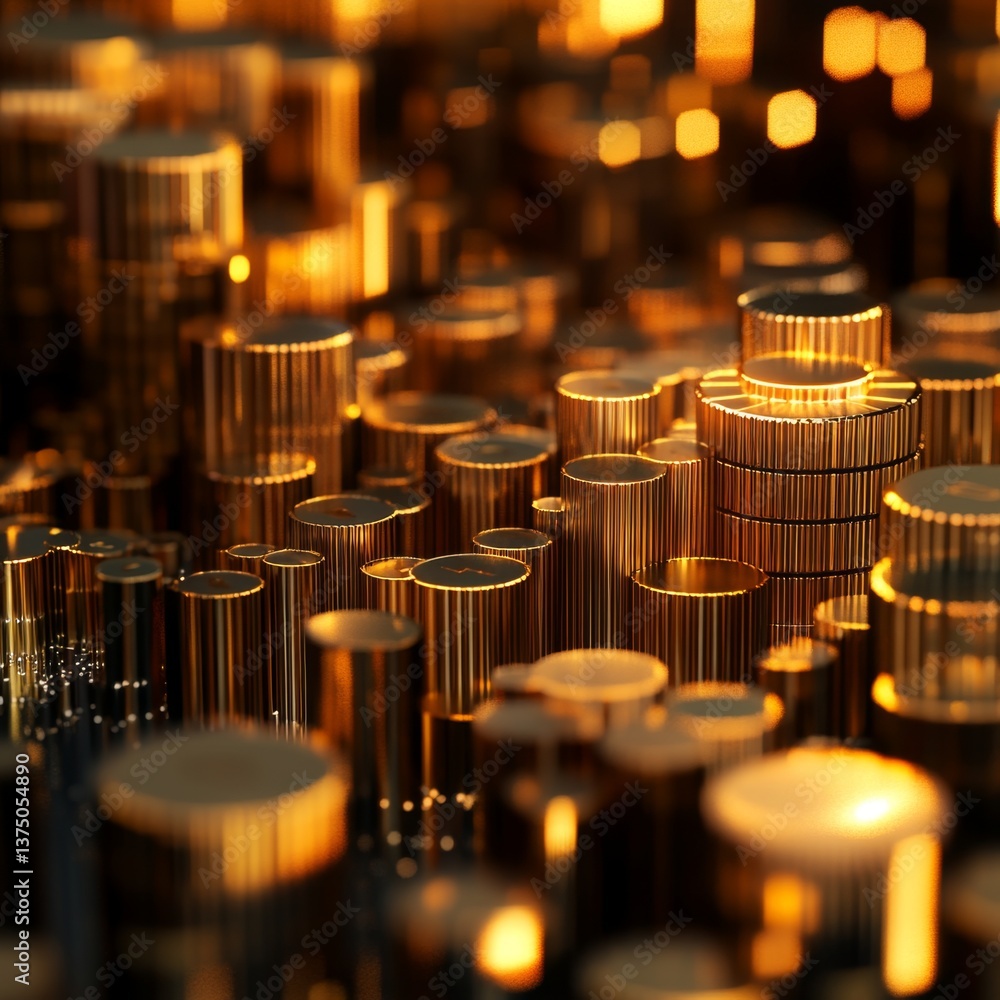 Poster visually striking 3d close-up of golden stacked objects in focus