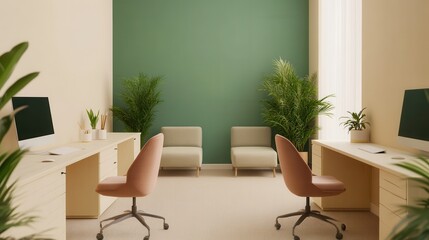 Minimalist interior design neutral tones  space planning. Modern office space featuring two desks, chairs, and greenery against a green accent wall.