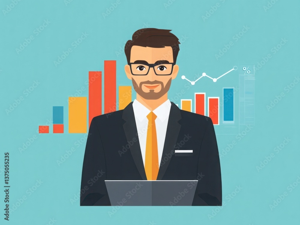 Poster confident businessman with glasses holding laptop surrounded by colorful graphs and data visualizati