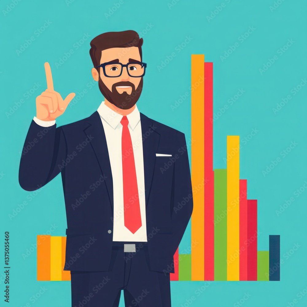 Poster professional businessman presenting data insights with colorful bar graphs in a creative office sett