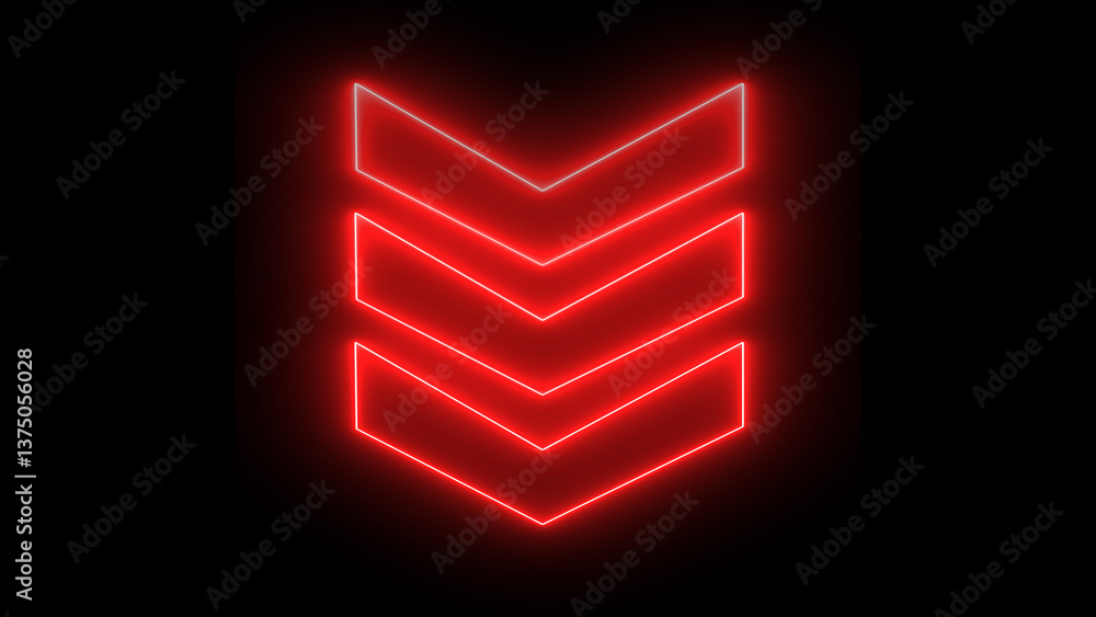 Poster glowing red neon downward arrow direction icon. abstract set of glowing neon arrows. up to down rend