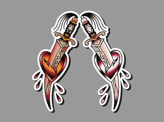 Old school tattoo of a dagger piercing heart with the inscription love. 