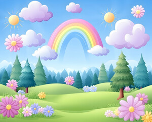 Idyllic rainbow landscape with flowers, trees, and sunshine . AI generative