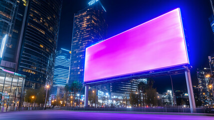 Illuminated billboard in vibrant pink at night, amidst city skyscrapers . AI generative