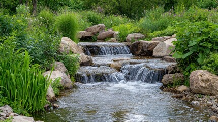 Naklejka premium A slow-flowing river with smooth rocks and lush greenery surrounding it.