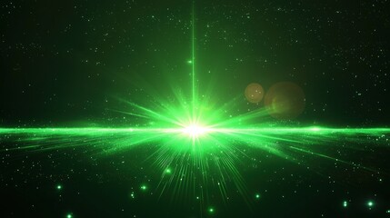 Fototapeta premium A vibrant green light beams outward, surrounded by starry elements, creating a cosmic and futuristic atmosphere.