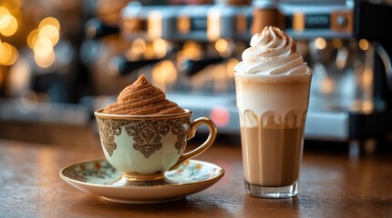 Two Delicious Coffee Drinks on a Bar Top Ready to Enjoy