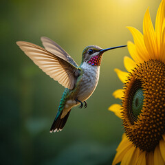 Fototapeta premium A ruby-throated hummingbird hovers, wings blurring, near a green flower