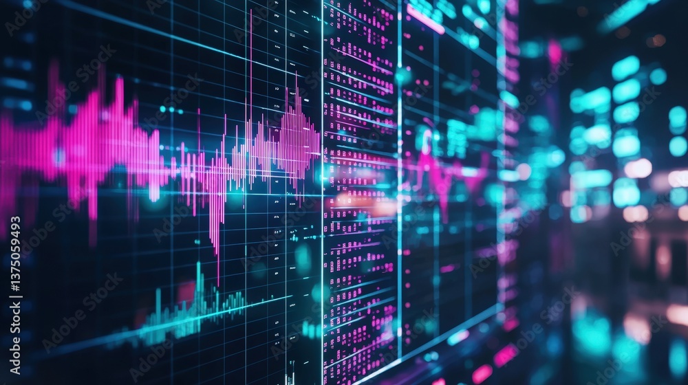 Poster a vibrant digital display showing colorful data visualizations, including graphs and waveforms, repr
