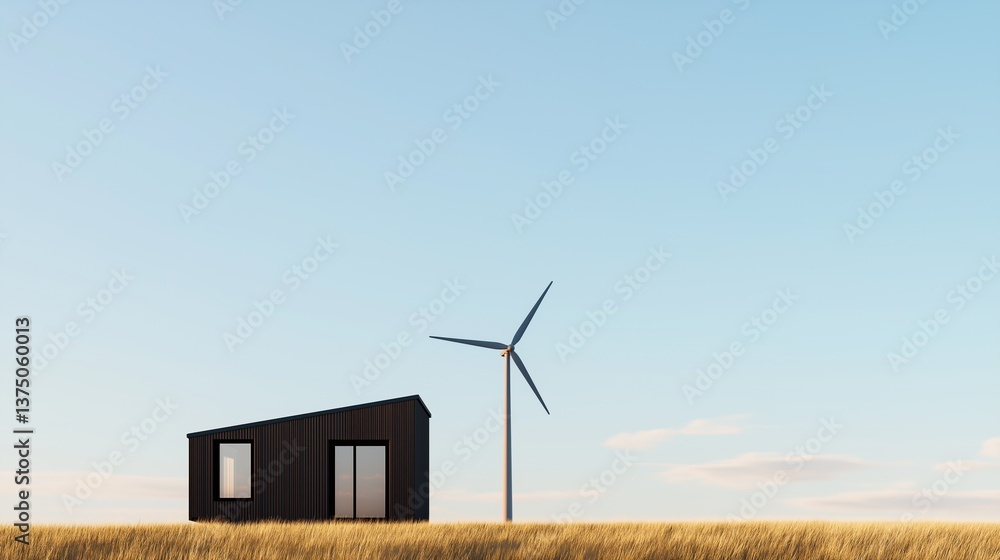 Poster small black building with two windows on the left side and a wind turbine on the right side. the bui