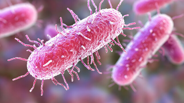 Microscopic view of rod-shaped bacteria with numerous flagella