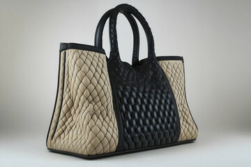 Beige and Black Quilted Tote Handbag