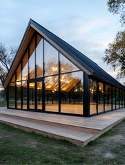 Obraz premium Modern glass pavilion with wooden deck at dusk . AI generative