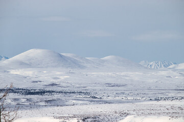 Snow on mountains on the Denali Highway on a sunny spring day in Alaska. 