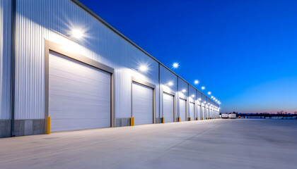 Modern warehouse at twilight, featuring multiple loading docks with bright overhead lighting and a smooth concrete surface . AI generative
