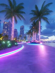 Obraz premium Neon-lit walkway at dusk, palm trees, city skyline . AI generative