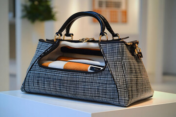 Black and White Geometric Pattern Handbag on White Surface