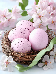 Fototapeta premium Pastel pink speckled Easter eggs in a bird's nest, adorned with delicate spring blossoms and ribbon . AI generative