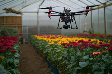 Black Drone Flying Over Rows of Red and Yellow Flowers in Greenhouse