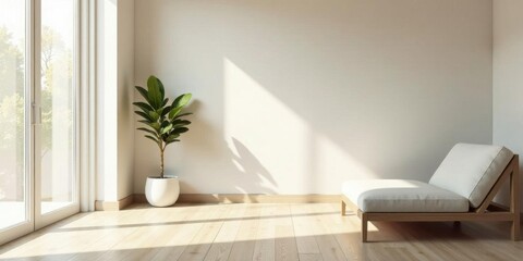Serene Minimalist Room Design Featuring a Comfortable Chaise Lounge and Lush Greenery Bathed in Natural Sunlight