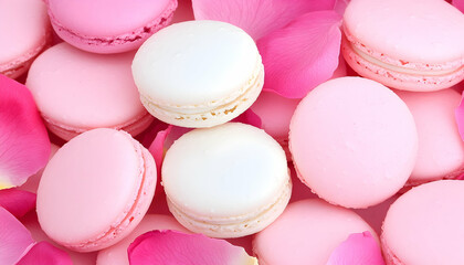 Fototapeta premium Pink and white macarons with rose petals . AI generative