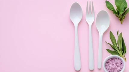 Pink background with white utensils, herbs, and pink salt . AI generative