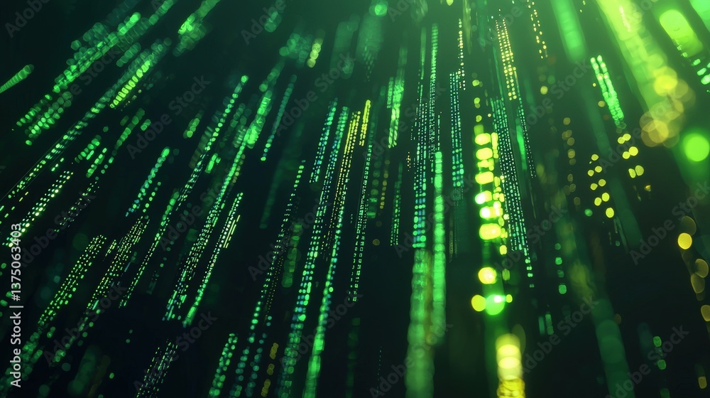 Poster a vibrant green display of digital data streams, resembling falling code, creating a futuristic and 