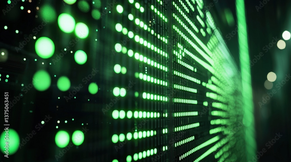 Poster a close-up image featuring a series of glowing green dots arranged in a pattern, creating a modern, 