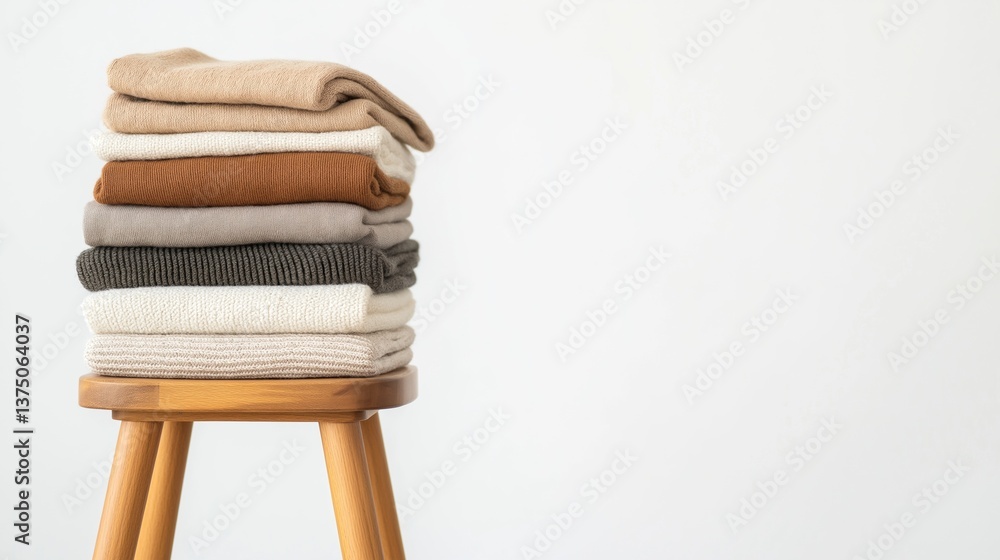 Poster stack of folded clothes on top of a wooden stool. the clothes are neatly folded and stacked on each 