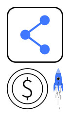 Share icon, dollar sign circle, soaring rocket. Ideal for technology, finance, teamwork, strategy, innovation growth communication. Flat simple metaphor