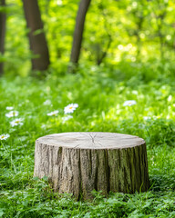 Rustic tree stump display in lush forest meadow . AI generative