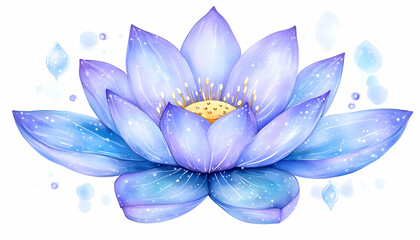 Serene blue lotus flower with watercolor texture and sparkle effect on white background . AI generative