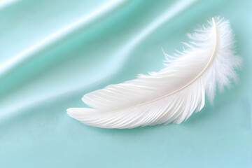 Obraz premium Single white feather on soft, teal fabric . AI generative