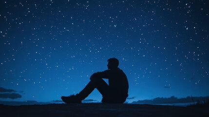 A man is sitting on the ground in the dark, looking up at the stars