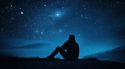 A man is sitting on a hillside and looking up at the stars