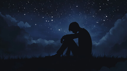 Fototapeta premium A man is sitting on a grassy hill at night, looking up at the stars