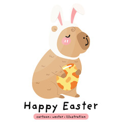 Happy Easter Capybara in bunny ears. Cute cartoon kawaii animal. Capybara vector illustration