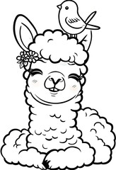 Cheerful Llama Lying Down Surrounded By Floral Wreath Coloring Book