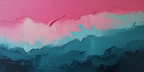 Obraz premium Vibrant abstract painting with bold pink and turquoise colors blending in textured brush strokes. Modern artistic expression, perfect for interior decor, contemporary spaces, and creative inspiration 