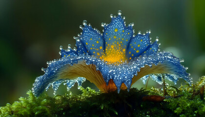 Blue and Yellow Dew-Covered Mushroom on Mossy Surface