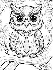 Stylish Owl With Glasses And Necktie On Tree Branch Coloring Book