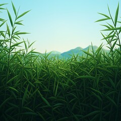 Obraz premium Lush green bamboo rises against a serene blue sky, with distant mountains providing a tranquil backdrop, creating a peaceful natural scene.